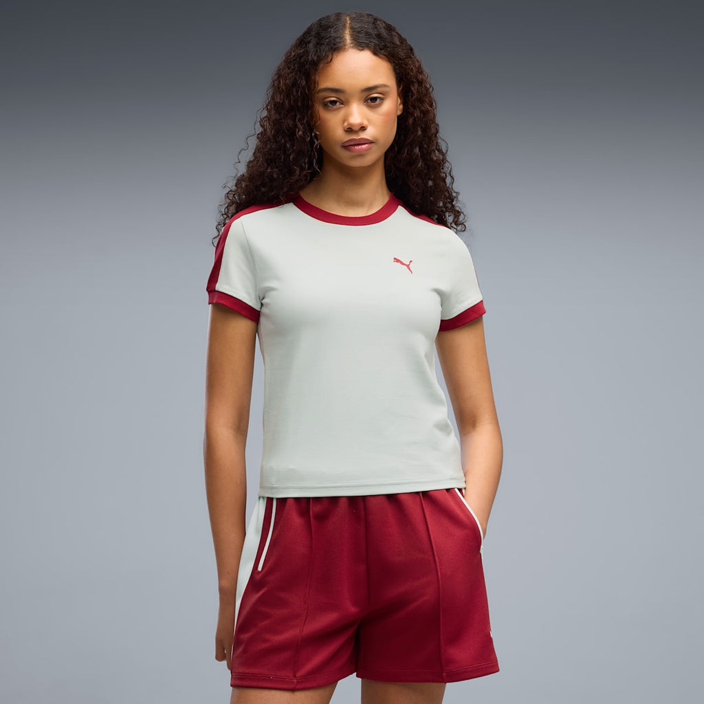 T7 Women's Slim Tee - Créme De Mint-Garnet Glow - on model