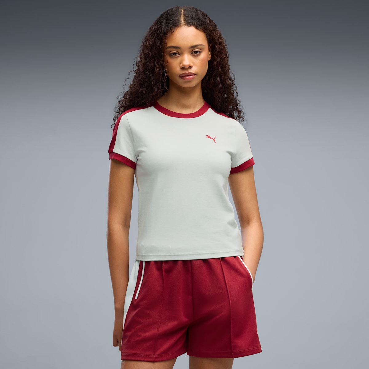 T7 Women's Slim Tee - Créme De Mint-Garnet Glow - on model