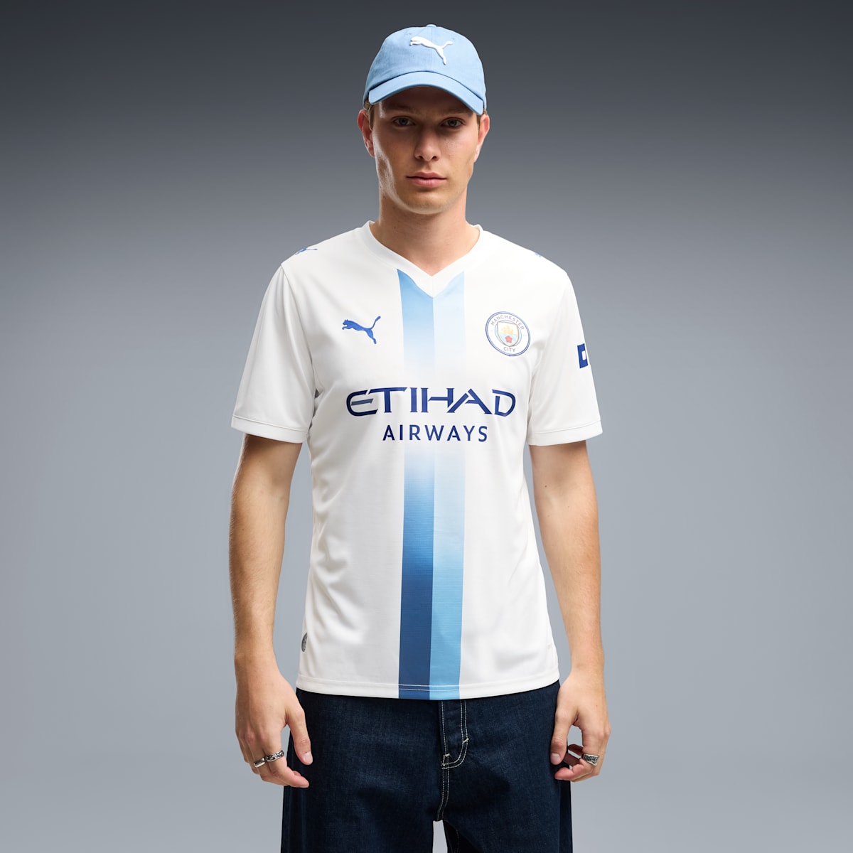 Manchester City Third Men's Soccer Jersey - PUMA White-Blazing Blue - on model