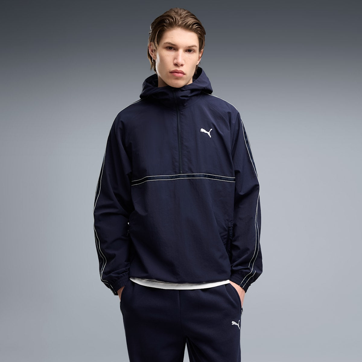 PUMA Class Relaxed Pinnacle Half-Zip Hoodie Men - PUMA Navy - on model