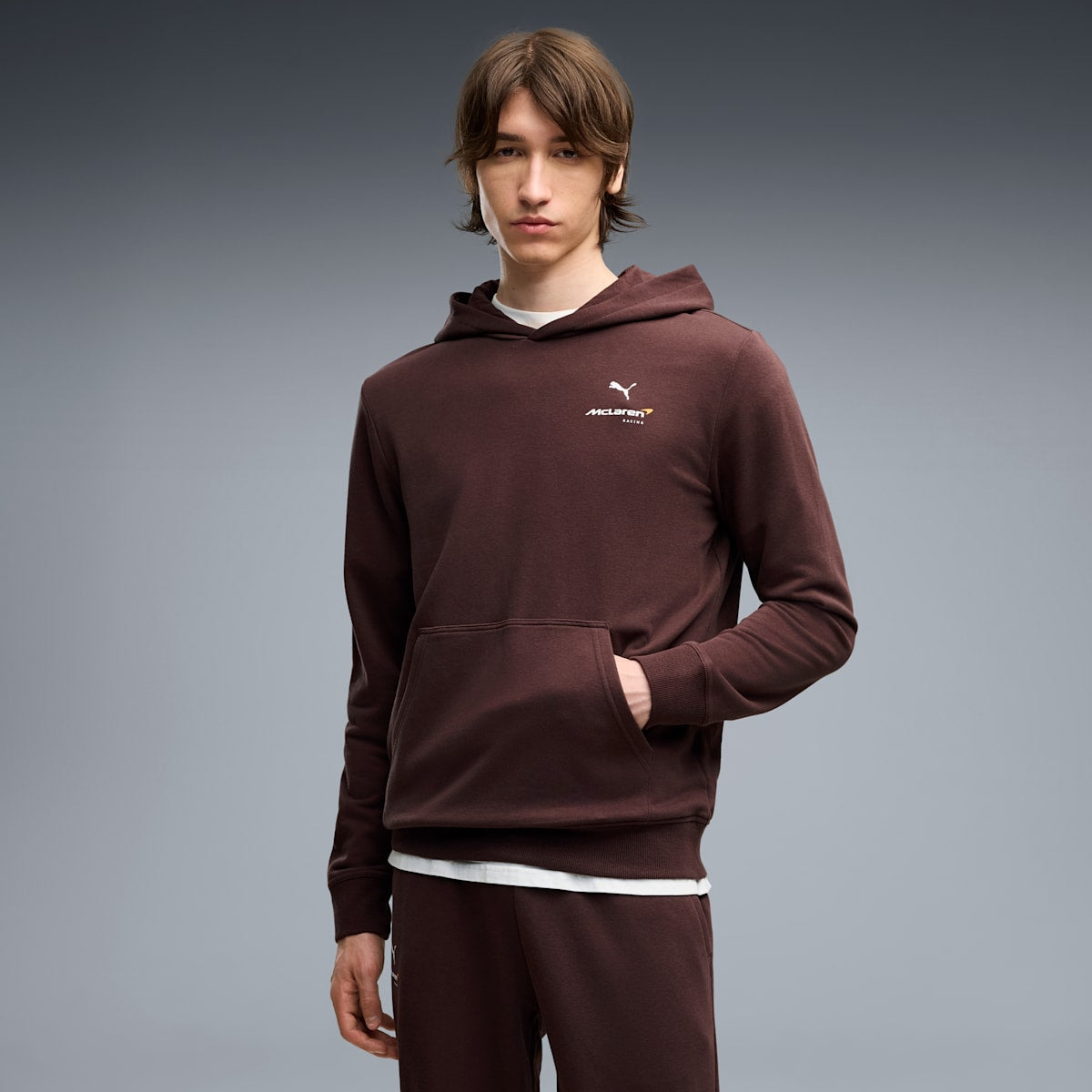 McLAREN RACING Essentials Hoodie Men - Chocolate Fondue - on model