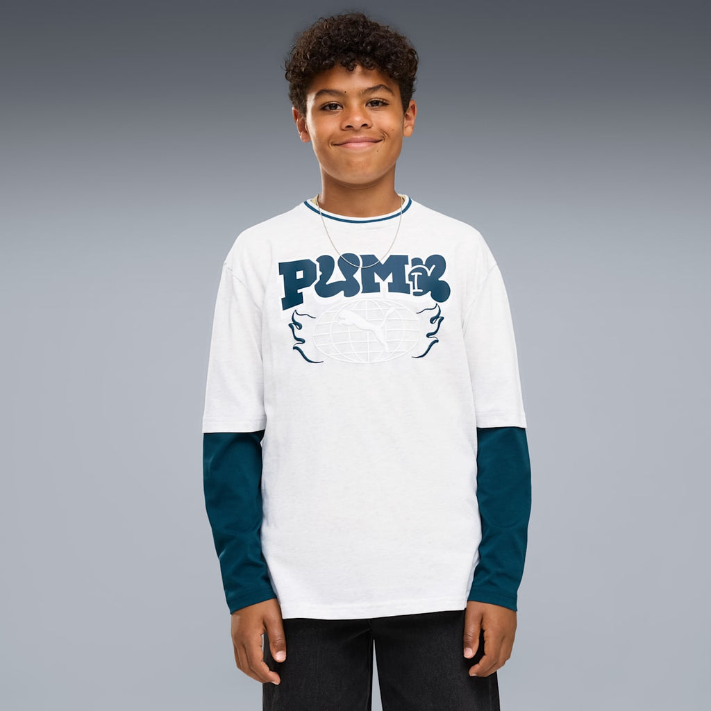 MID 90s Relaxed Layered Long Sleeve Tee Youth - White Glow Heather - on model