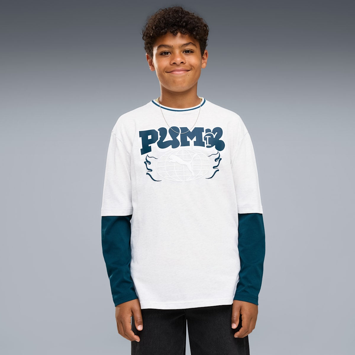 MID 90s Relaxed Layered Long Sleeve Tee Youth - White Glow Heather - on model