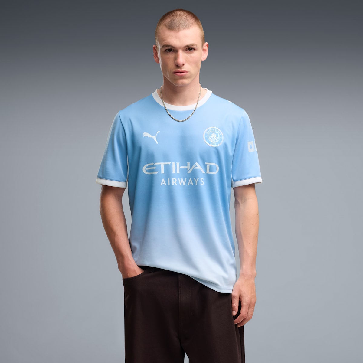 Manchester City Home Men's Soccer Jersey - Team Light Blue-Icy Blue - on model