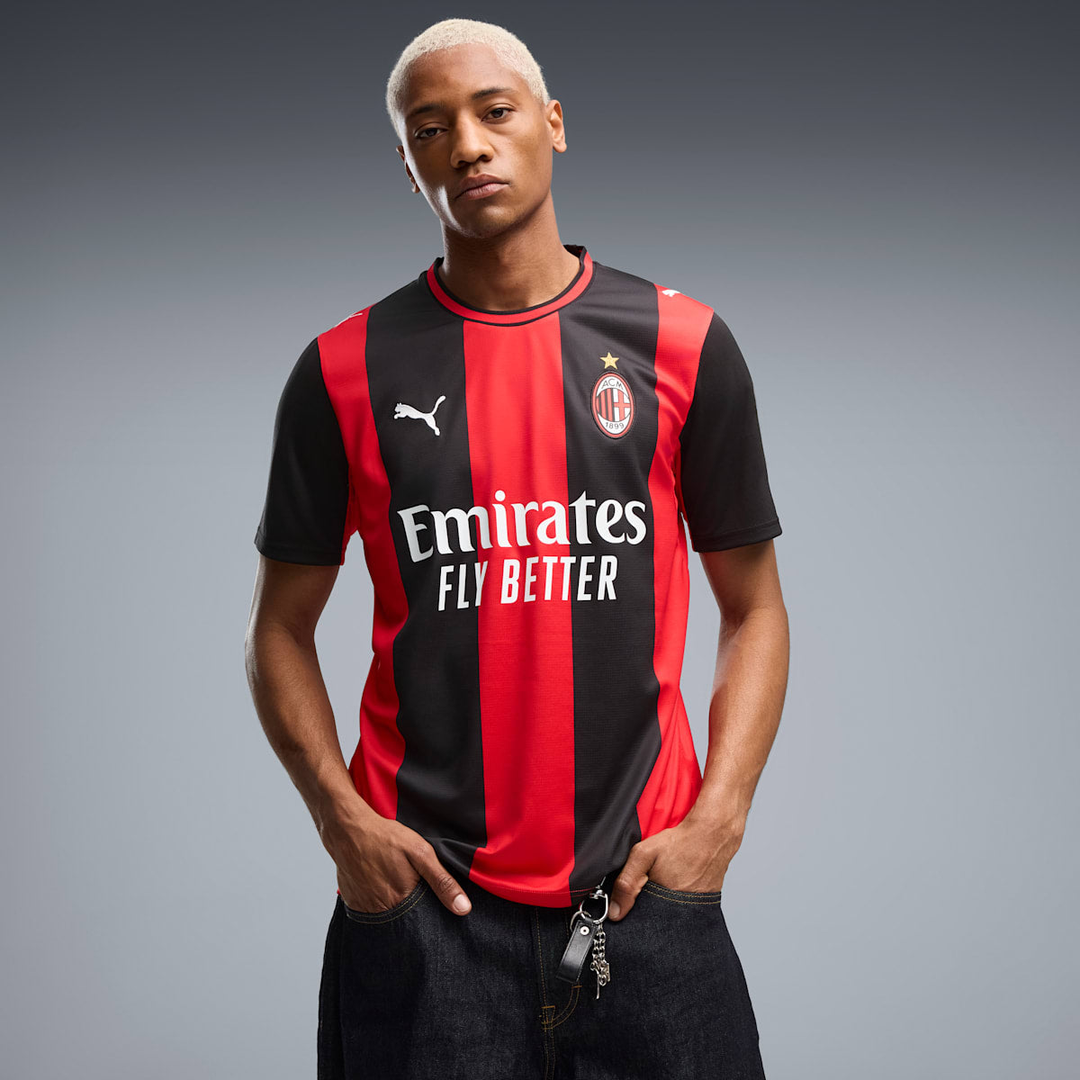 AC Milan Home Men's Soccer Jersey - PUMA Black-For All Time Red - on model