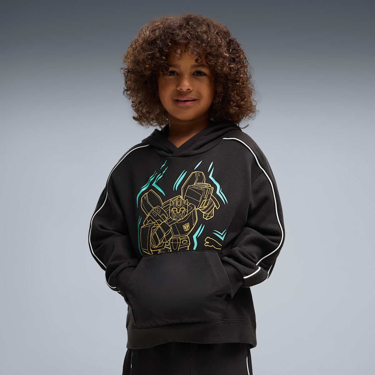 PUMA x TRANSFORMERS Little Kids' Relaxed Graphic Hoodie - PUMA Black - on model