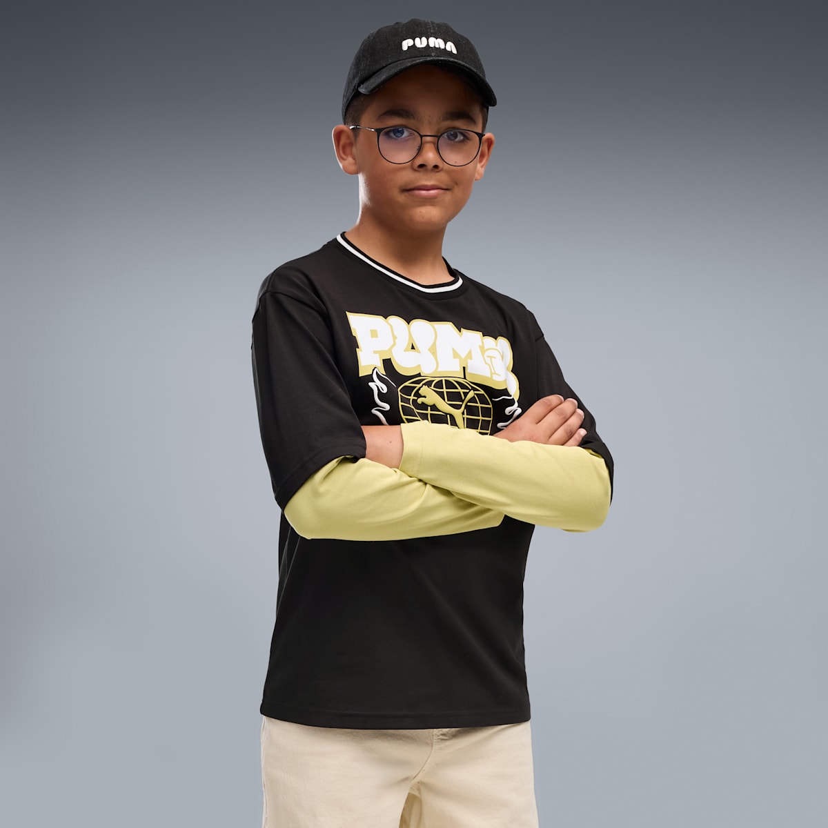 MID 90s Relaxed Layered Long Sleeve Tee Youth - PUMA Black - on model