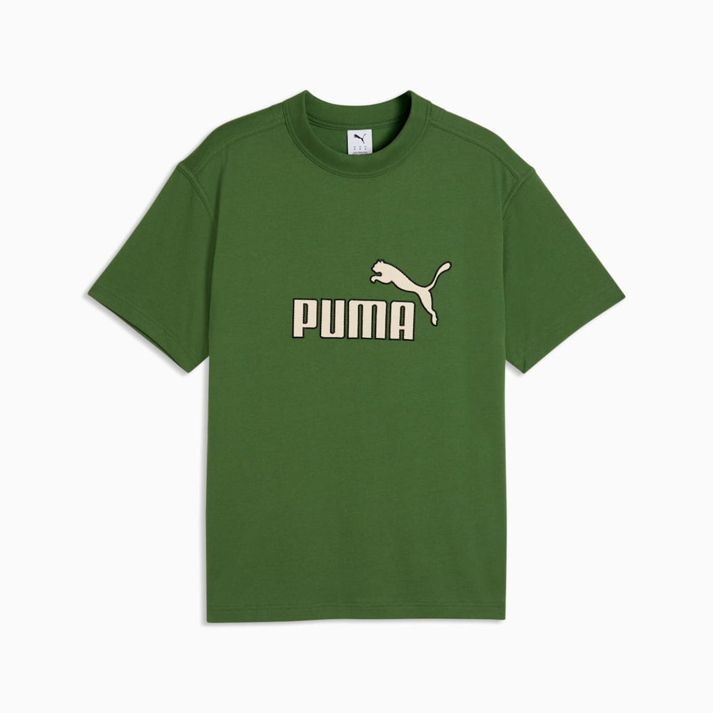 PUMA Elevated Essentials Men's Relaxed Tee - Earthy Green - front on white background