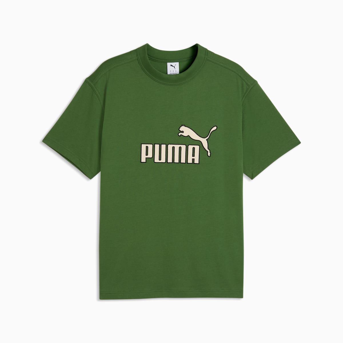 PUMA Elevated Essentials Men's Relaxed Tee - Earthy Green - front on white background