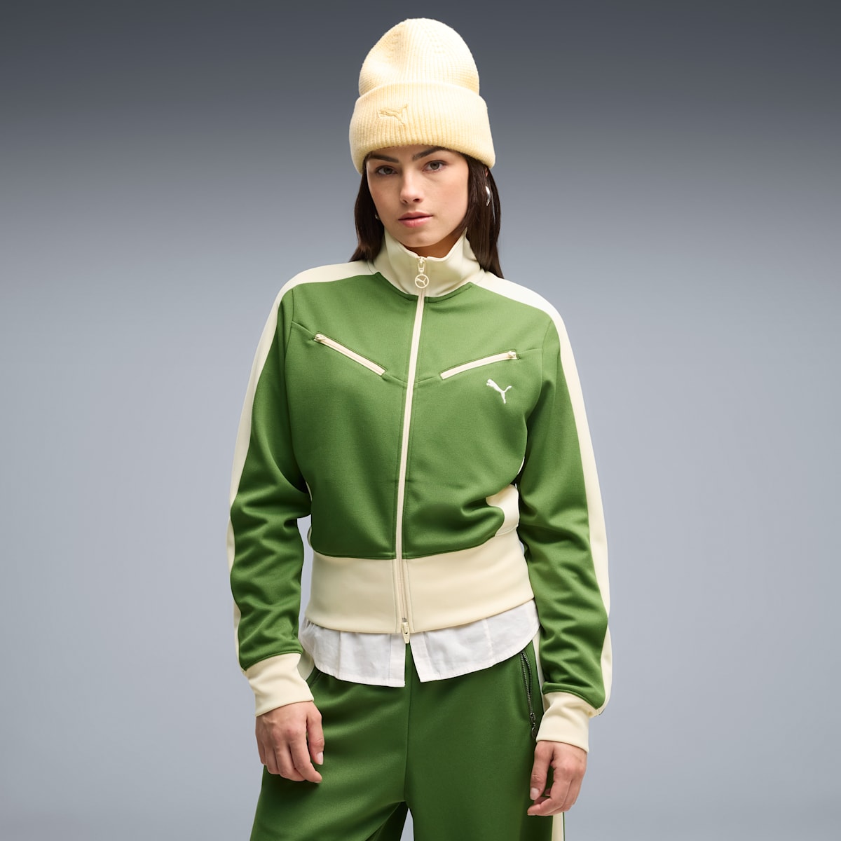 T7 Women's Retro Track Jacket - Earthy Green-Buttercream - on model