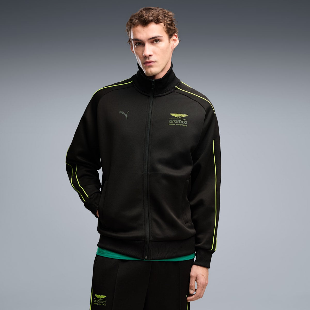 PUMA x ASTON MARTIN ARAMCO F1® TEAM Men's T7 Track Jacket - PUMA Black - on model