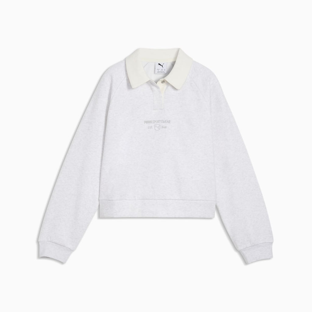 PUMA Class Relaxed Cropped Fleece Sweatshirt Youth - White Glow Heather - front on white background