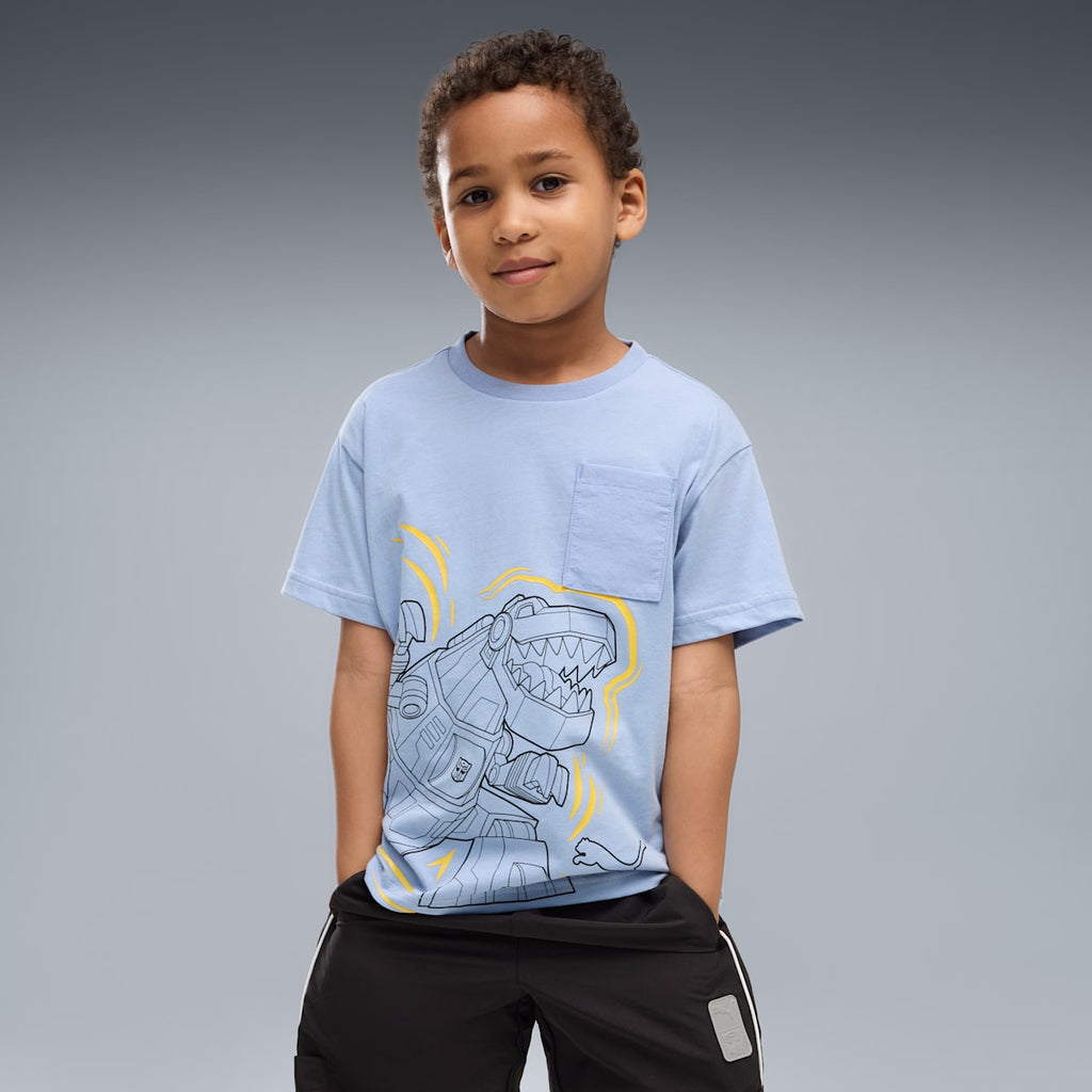 PUMA x TRANSFORMERS Little Kids' Relaxed Graphic Tee - Chambray Blue - on model